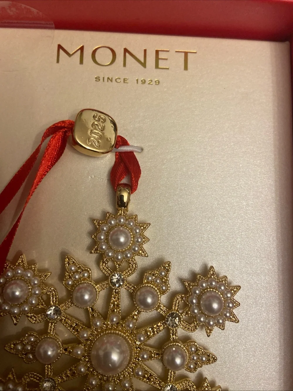 Monet 2025 Gold & Pearls Encrusted Snowflake Ornament With Red Box.